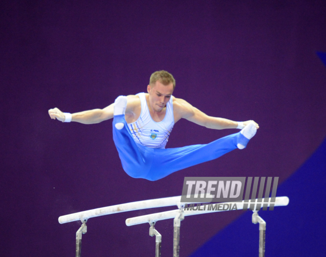 Azərbaycan gimnastı Oleq Stepko Avropa Oyunlarında paralel qollarda hərəkətlərdə qızıl medal qazandı. Bakı, Azərbaycan, 20 iyun 2015